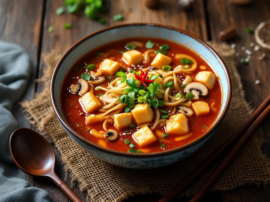 A steaming bowl of Hot and Sour Soup with tofu, mushrooms, bamboo shoots, and green onions.