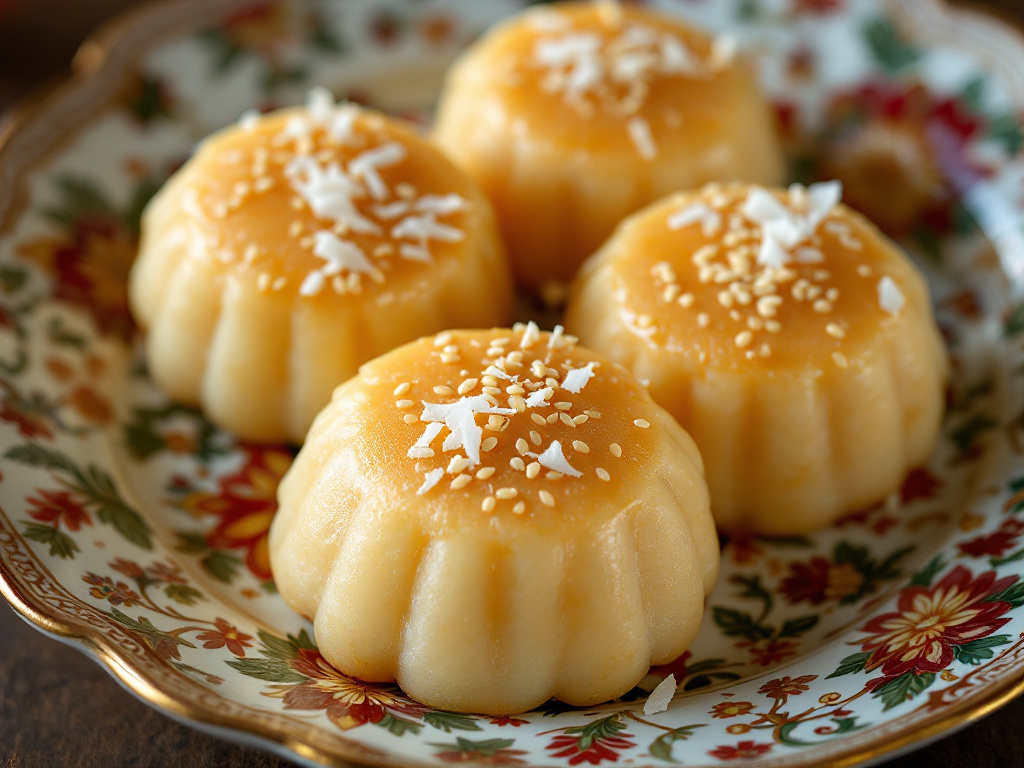 Sweet Sticky Rice Cakes (Nian Gao) arranged on a decorative plate, garnished with sesame seeds.