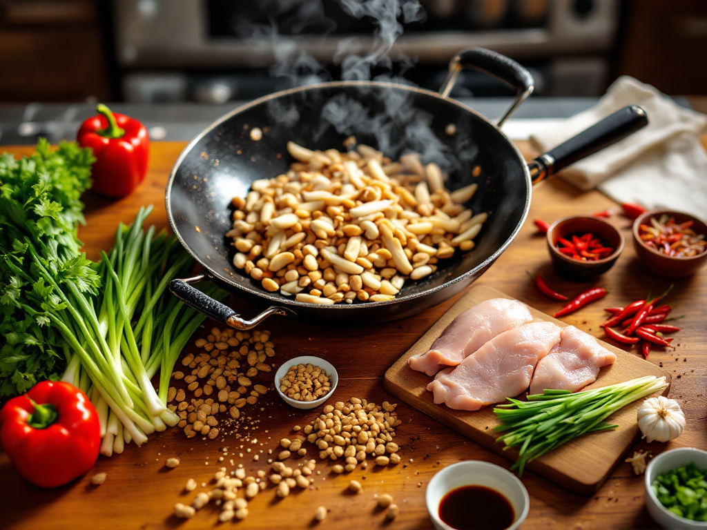 A collection of ingredients to make Kung Pao Chicken, including chicken, chilies, peanuts, garlic, ginger, and various sauces, arranged neatly on a cutting board.