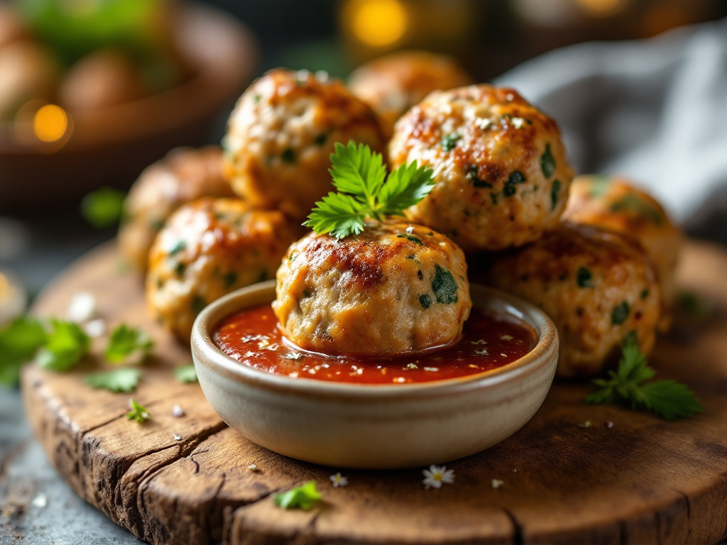 A close-up photograph of several golden-brown turkey meatballs, each speckled with flecks of spinach and herbs, arranged on a rustic wooden board, garnished with fresh parsley and served with a side of marinara sauce in a small bowl, set in a cozy kitchen for The Best American Food Recipes for 2025.