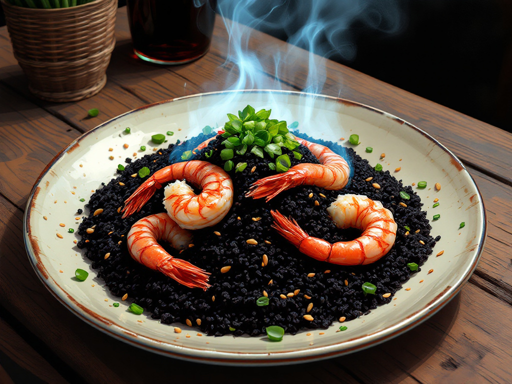 A bowl of Arroz Negro, black rice with squid ink, topped with shrimp, mussels, and calamari, garnished with fresh herbs and lemon slices.