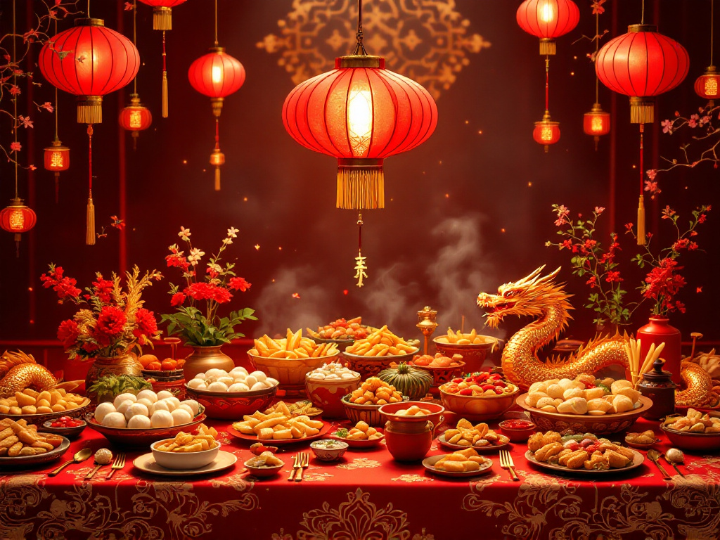 Chinese New Year Recipes featuring a variety of colorful and delicious dishes beautifully arranged on a festive table.