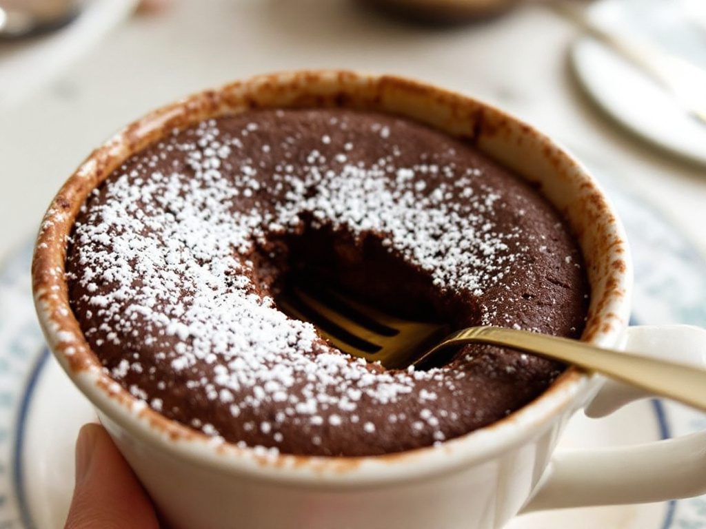 A warm and inviting Keto Mug Cake, freshly baked in a mug, topped with a dollop of whipped cream and a sprinkle of cinnamon, perfect for a low-carb treat.