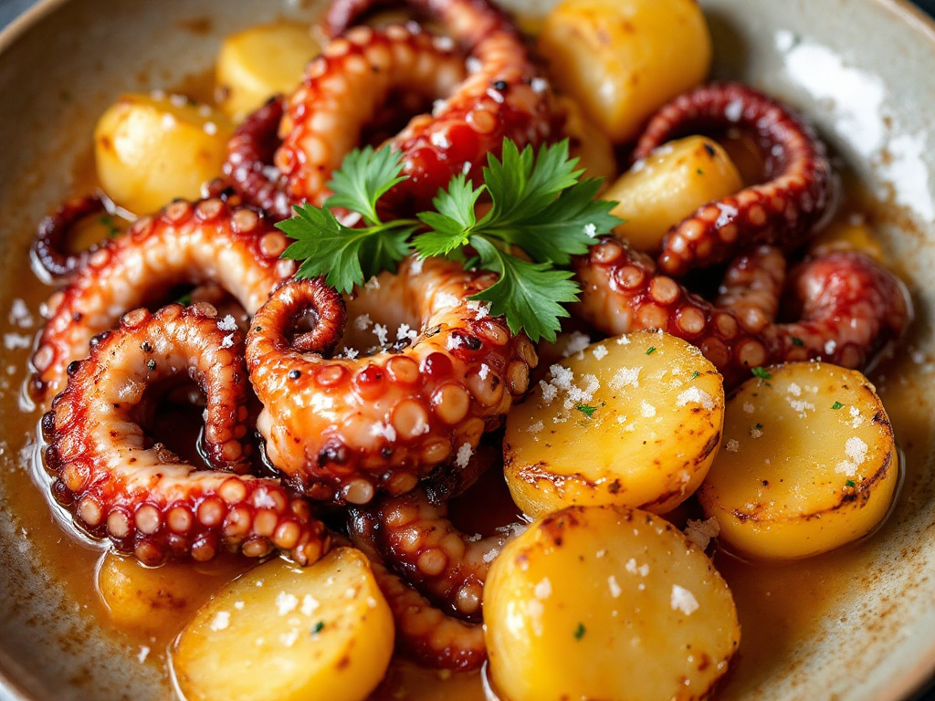 A plate of Pulpo a la Gallega, featuring tender slices of octopus arranged on top of boiled potatoes, garnished with olive oil, paprika, and fresh parsley.