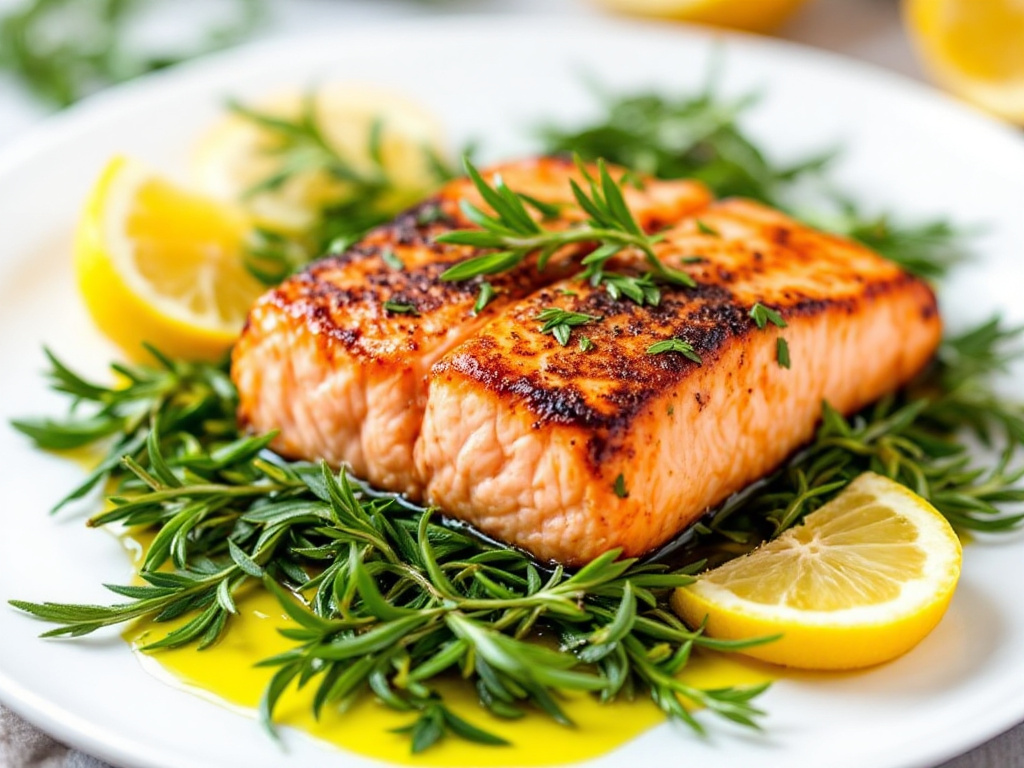 A realistic image of Baked Salmon with Garlic and Herbs, part of the MIND Diet, designed to boost brain health and manage diabetes.