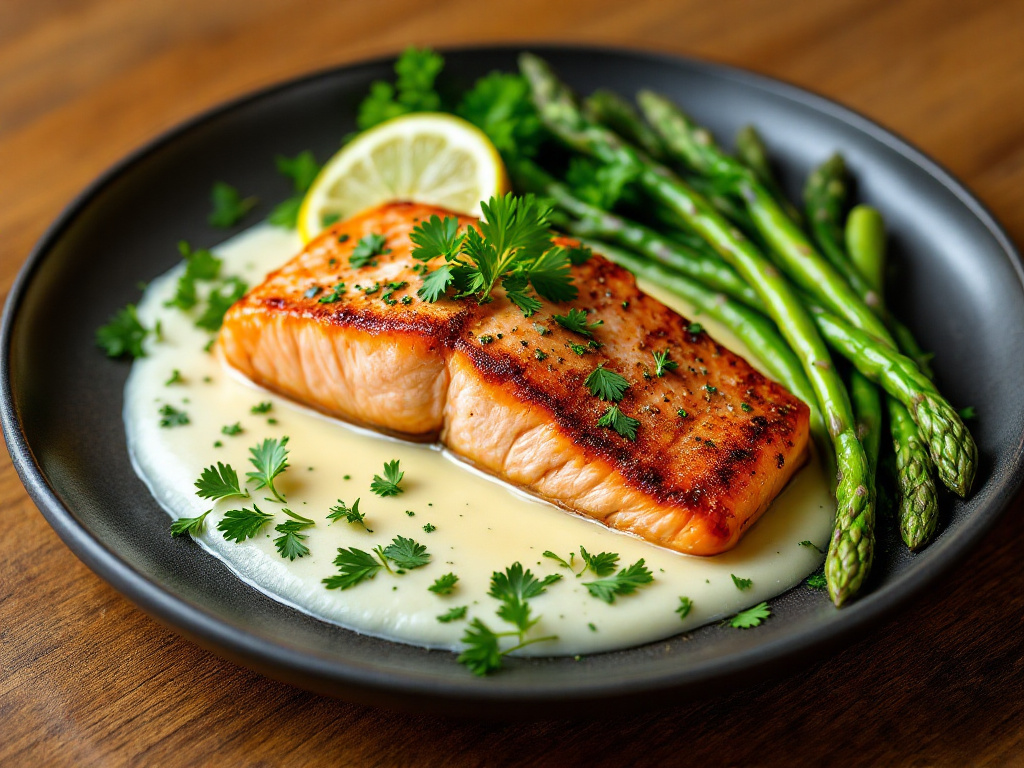  A beautifully plated Keto Salmon with Garlic Butter, featuring a perfectly cooked salmon fillet with crispy skin, topped with a rich garlic butter sauce. The dish is garnished with fresh parsley and lemon slices, and served with a side of steamed asparagus. The background is a sleek, dark plate on a wooden table, creating an elegant and appetizing presentation.