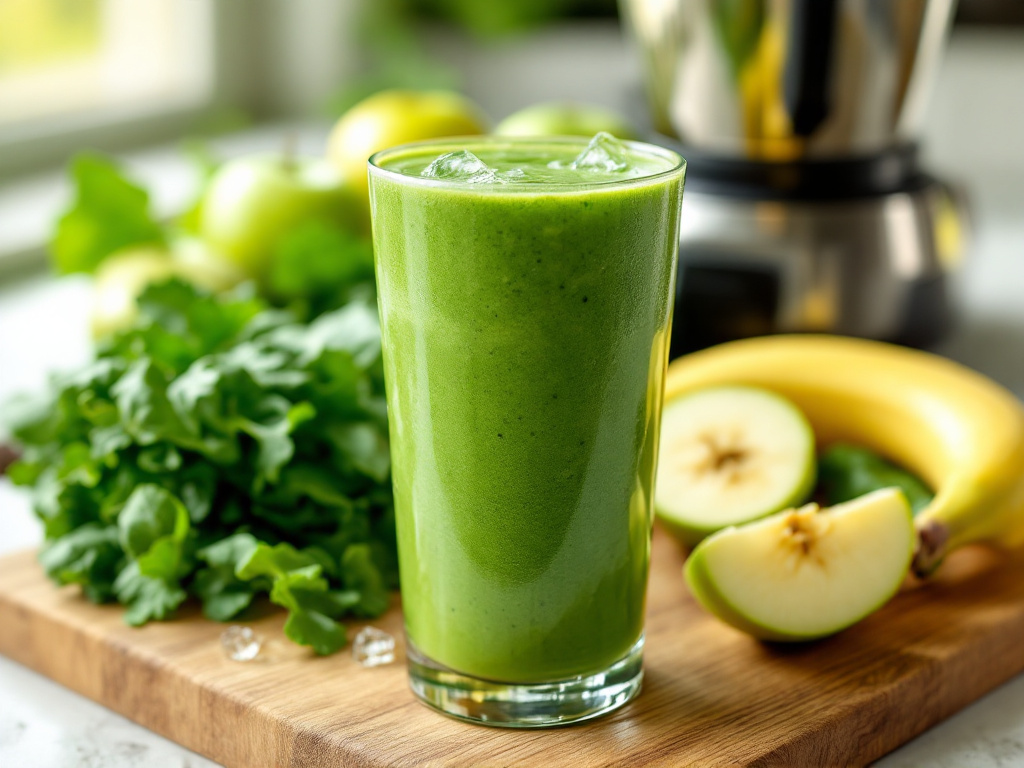 "A vibrant green detox smoothie in a glass, surrounded by fresh ingredients like spinach, kale, green apples, and a banana. The smoothie looks creamy and refreshing, with a hint of condensation on the glass, set in a kitchen with a wooden cutting board and blender in the background.