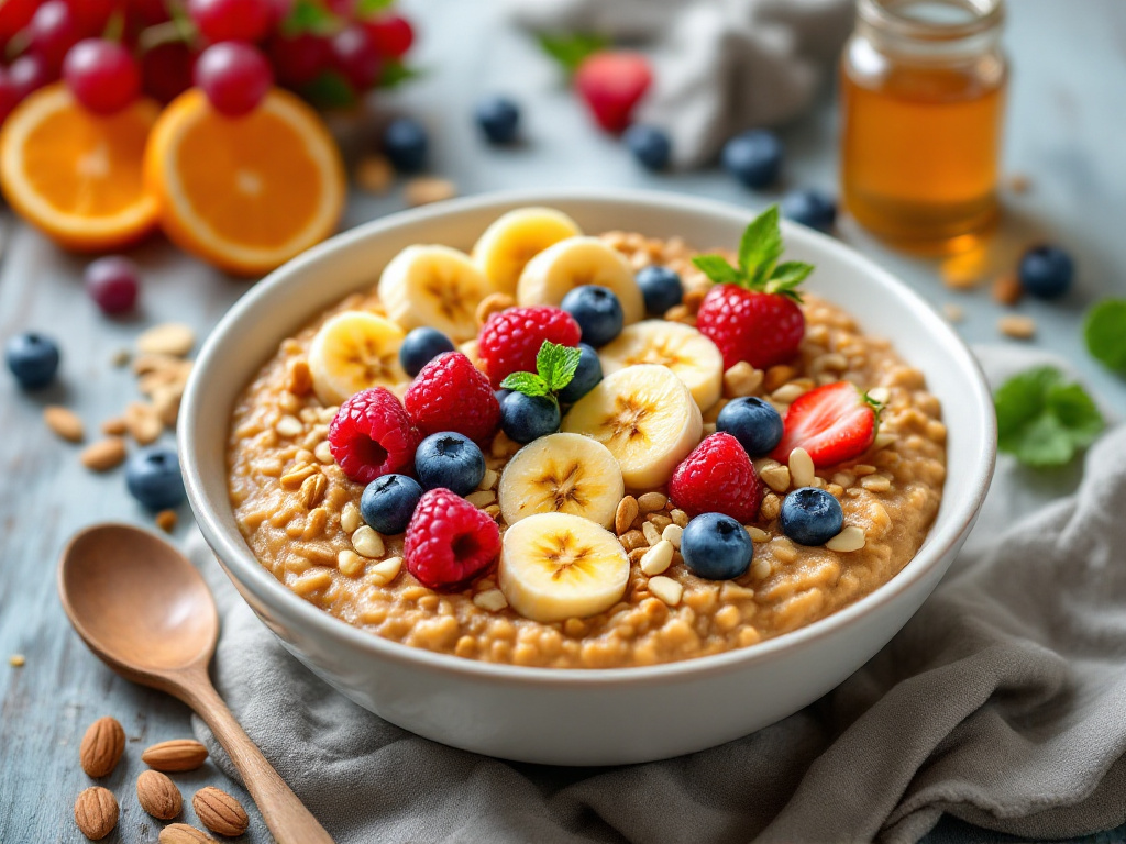 A hearty oatmeal bowl topped with an assortment of fresh fruits such as sliced bananas, berries, and chopped nuts. The oatmeal is creamy and well-cooked, with the toppings arranged artfully on top. The bowl is placed on a rustic wooden table with a spoon on the side, and the background includes additional fresh fruits and a small jar of honey, enhancing the natural and wholesome appeal of the dish.