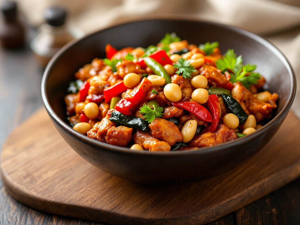 An illustration depicting the origin and culture of Kung Pao Chicken, showcasing traditional Sichuan ingredients and the rich history behind this iconic Chinese dish.