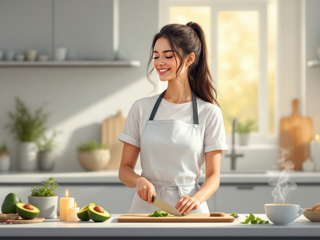 Smiling woman preparing a fresh salad in the kitchen, representing Easy Keto Recipes for Beginners.