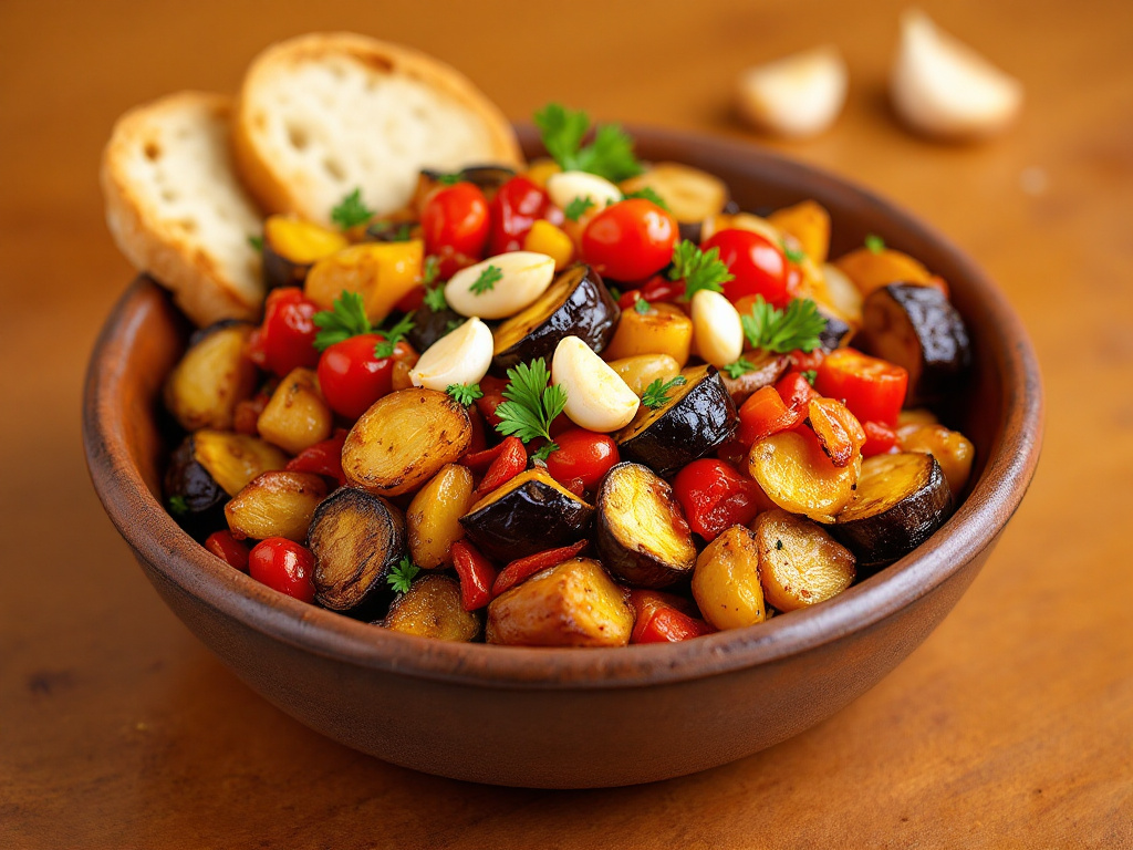 A bowl of Escalivada, a vibrant roasted vegetable medley, featuring slices of roasted eggplant, bell peppers, onions, and tomatoes, garnished with fresh herbs and served with crusty bread.