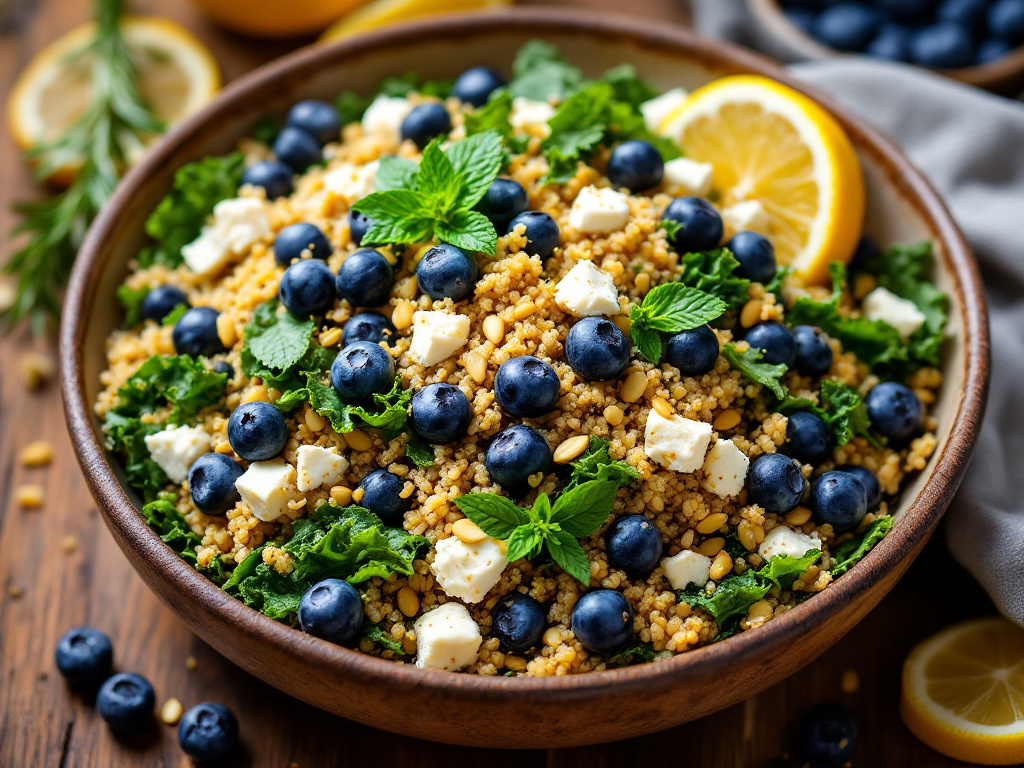 A vibrant bowl of Quinoa Salad with Kale and Blueberries, one of the 8 Best Life-Changing Anti-Inflammatory Dishes, showcasing a mix of colorful ingredients and garnishes.