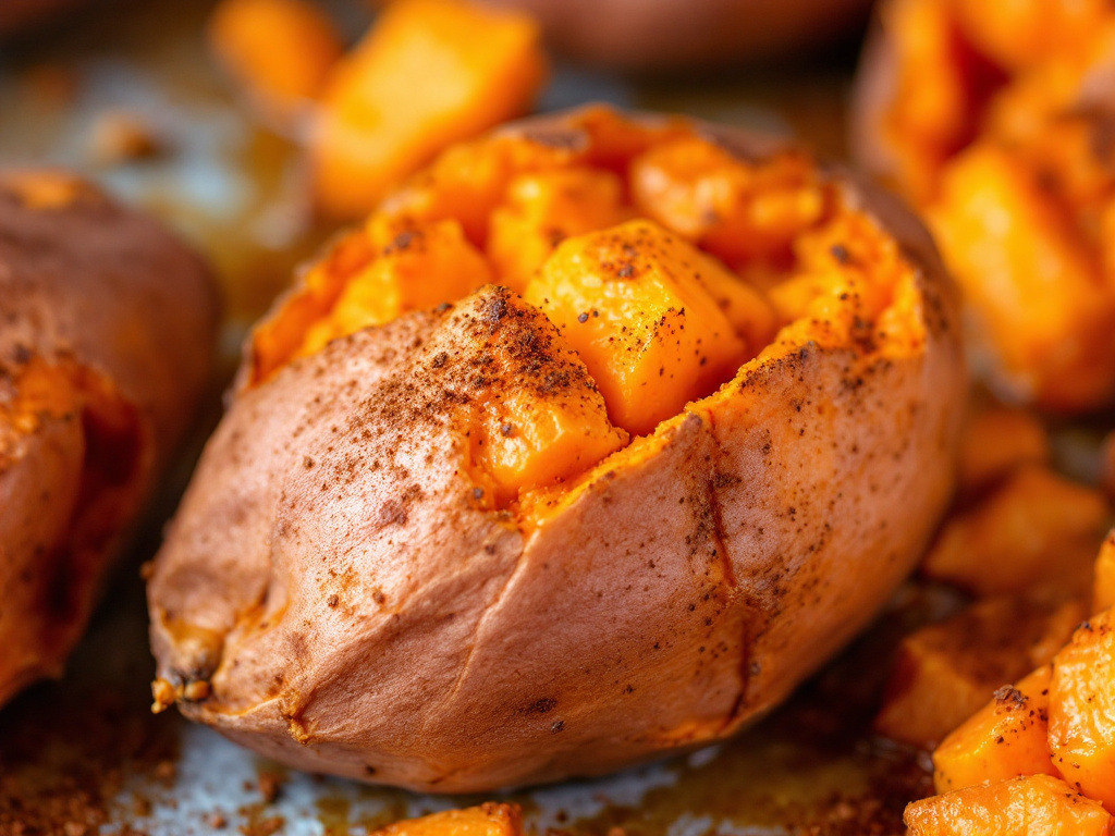 A perfectly Baked Sweet Potato with Cinnamon, split open to reveal its soft, fluffy interior, served on a rustic wooden board.