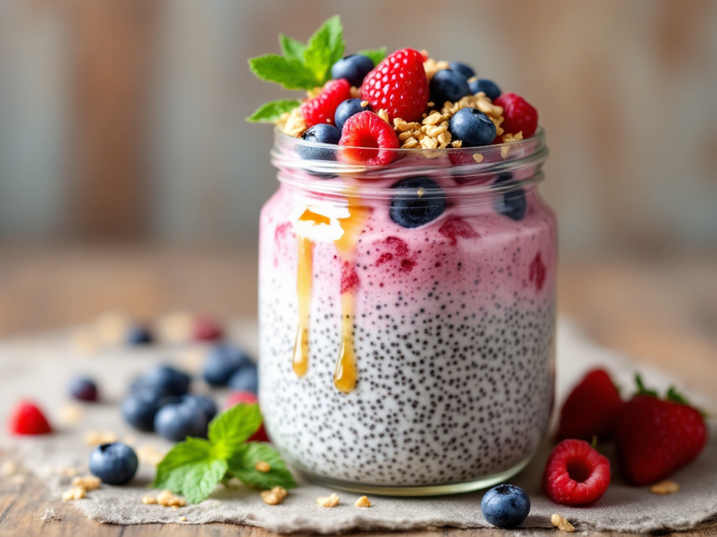 A beautifully presented Chia Seed Pudding with Berries, one of the 8 Best Life-Changing Anti-Inflammatory Dishes, topped with a colorful mix of fresh berries and a sprinkle of chia seeds.