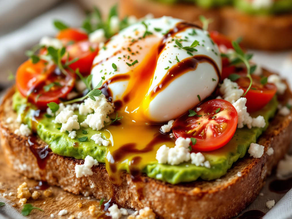 A close-up photograph of a beautifully presented avocado toast with a modern twist for The Best American Food Recipes for 2025. The toast features a thick slice of artisanal bread, topped with creamy avocado, a perfectly poached egg, crumbled feta cheese, sliced cherry tomatoes, fresh microgreens, and a drizzle of balsamic glaze, all plated on a rustic wooden board with a stylish fork and a small bowl of additional toppings on the side.