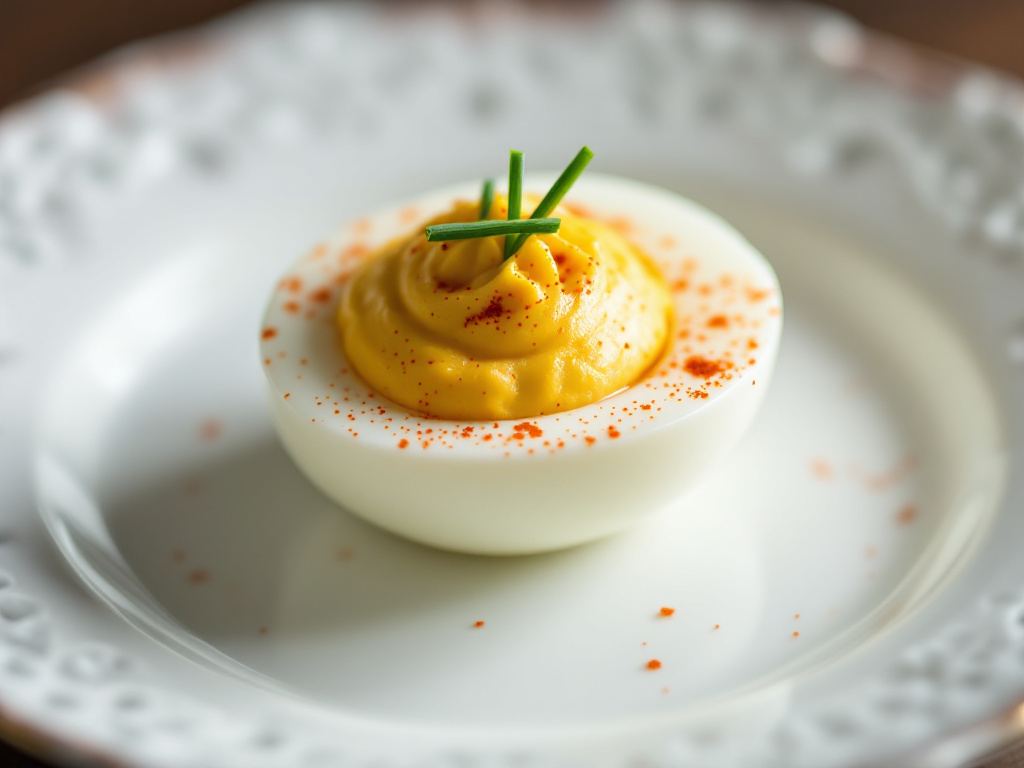 Fancy Deviled Eggs: Elegantly presented deviled eggs with gourmet toppings and decorations, perfect for upscale events and gatherings in 2025.