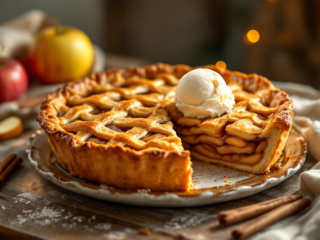 A beautifully baked apple pie with a golden, flaky crust and a lattice top, revealing a filling of tender, cinnamon-spiced apples, presented on a rustic wooden table with a slice removed to showcase the layers of apples inside, topped with a scoop of melting vanilla ice cream, and decorated with scattered apple slices and cinnamon sticks, set in a cozy, inviting kitchen for The Best American Food Recipes for 2025.