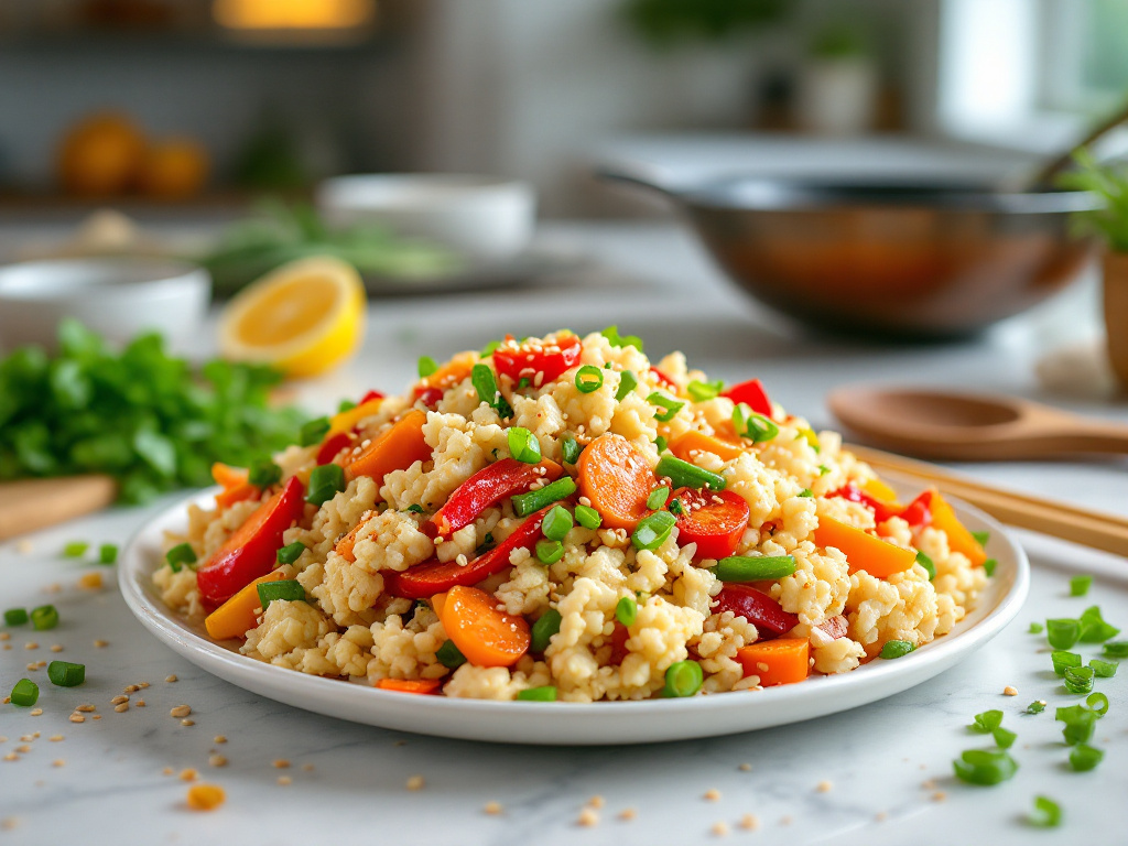 A vibrant and appetizing dish of Cauliflower Rice Stir-Fry, featuring finely chopped cauliflower resembling rice, mixed with colorful vegetables like bell peppers, carrots, and snap peas. The stir-fry is cooked with soy sauce, garlic, and ginger, and topped with sesame seeds and chopped green onions. The background is a clean, modern kitchen counter with a wok and utensils nearby, creating a lively and inviting atmosphere.