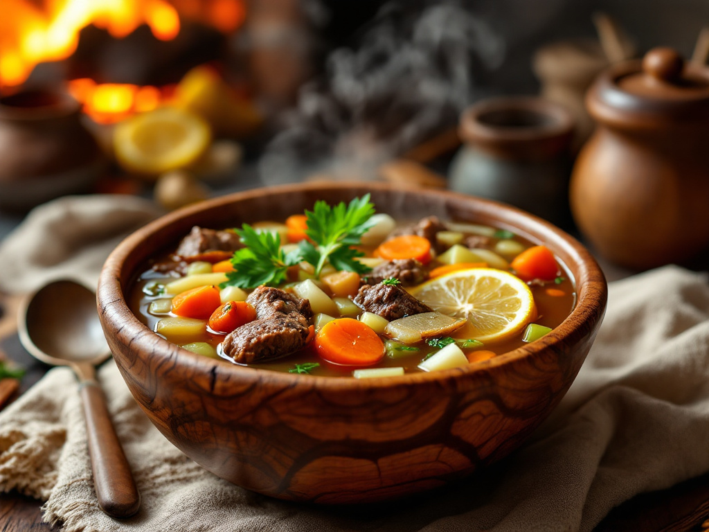 A steaming cup of Gut-Healing Bone Broth, garnished with fresh herbs and served on a rustic wooden table.