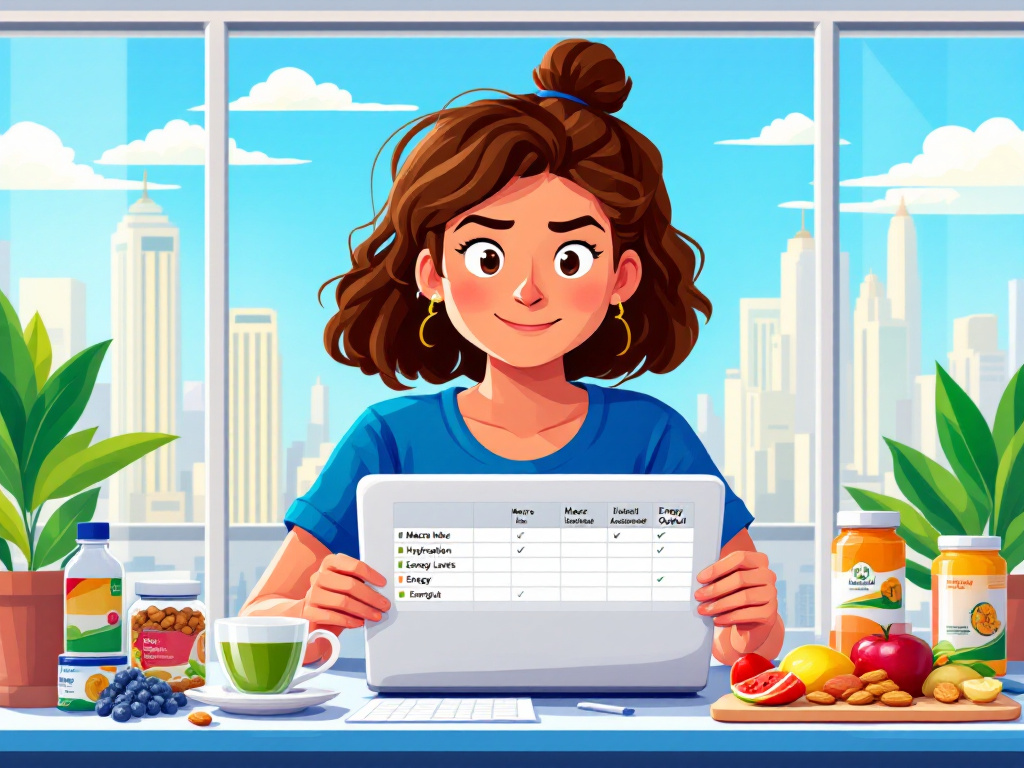  Additional Tips to Optimize Your Nutrition and Maximize Your Performance. Realistic image of a person working on a laptop with healthy foods and a calendar in the background, symbolizing the importance of nutrition and planning for peak performance.