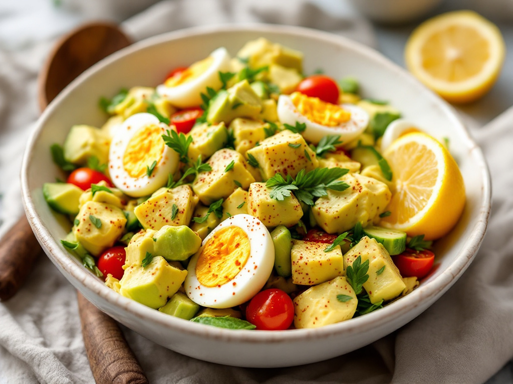 A vibrant and appetizing Keto Avocado Egg Salad presented in a bowl. The salad features chunks of ripe avocado, sliced hard-boiled eggs, diced cucumber, cherry tomatoes, and fresh herbs, all mixed together. The dish is garnished with a sprinkle of paprika and a lemon wedge on the side. The background is a clean, white surface with a simple, rustic wooden spoon resting nearby.