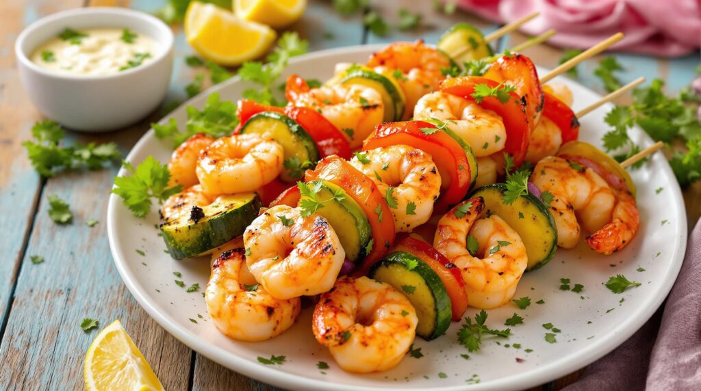 Juicy grilled shrimp skewers paired with colorful vegetables, a light and flavorful diabetes-friendly American recipe