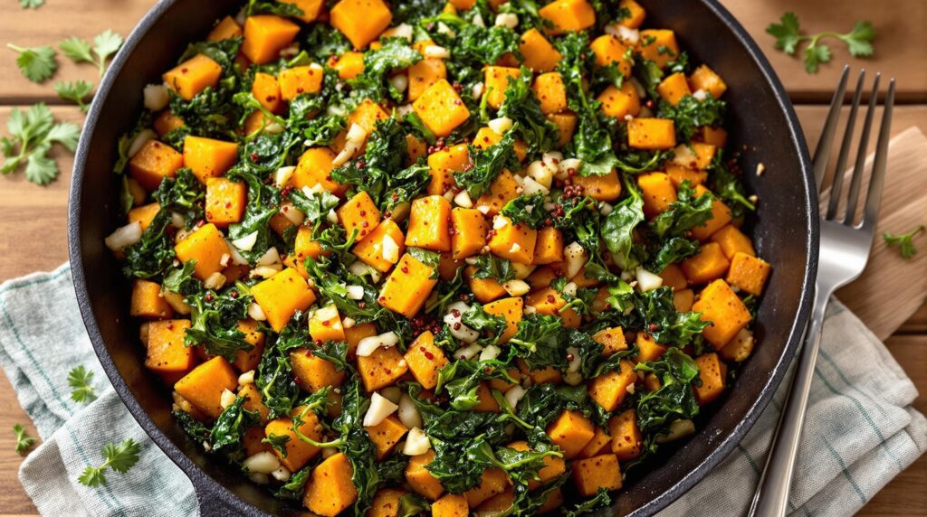 A hearty sweet potato and kale hash topped with a perfectly cooked egg, a nutritious and diabetes-friendly American recipe.