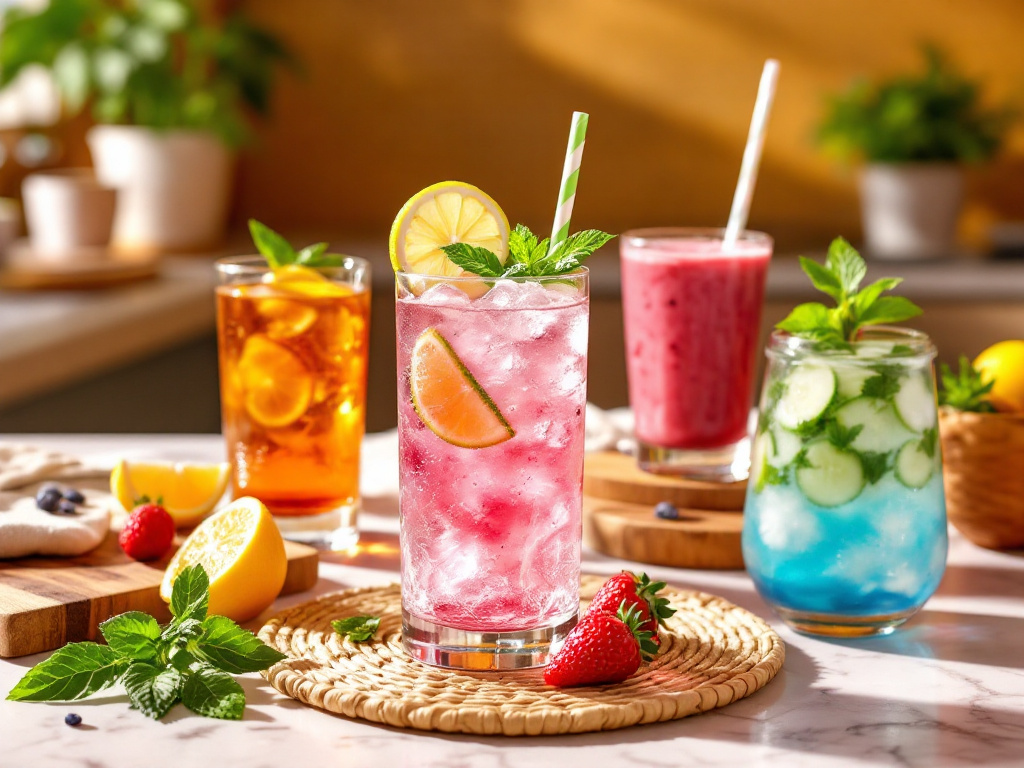 A collage of seven vibrant and refreshing sugar-free drink recipes, including sparkling water with lime, iced tea with lemon, and a colorful berry smoothie, all aimed at promoting health and preventing obesity and diabetes in 2025.