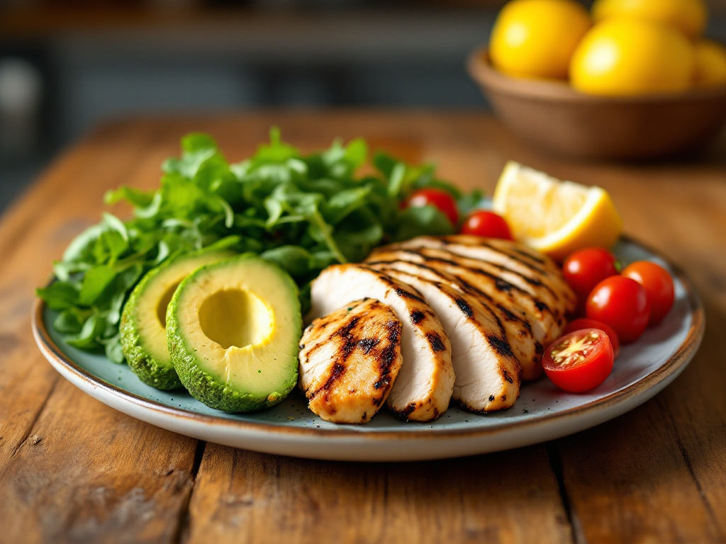 A vibrant plate of Healthy Low-Carb Meals to Boost Your Energy with a variety of colors and textures, including grilled chicken, avocado, mixed greens, cherry tomatoes, and a lemon wedge. The background is a rustic wooden table with a blurred kitchen setting.