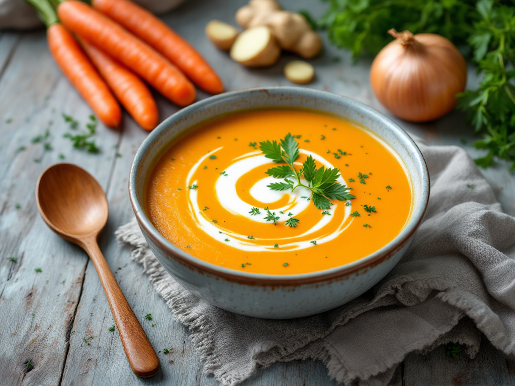 A bowl of creamy carrot ginger soup, garnished with fresh herbs and a swirl of cream. The soup has a rich, vibrant orange color and is presented on a rustic wooden table with a spoon on the side. The background includes fresh carrots, ginger, and onions, emphasizing the natural and homemade aspect of the dish.