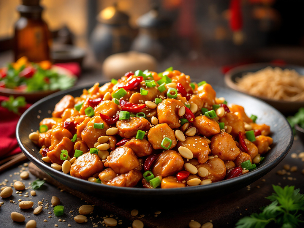 A mouthwatering plate of Kung Pao Chicken, featuring tender chicken pieces stir-fried with chilies, peanuts, and vegetables, showcasing the rich and spicy flavors of traditional Chinese cuisine.