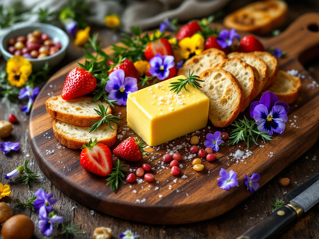 Butter Boards: A delightful and visually appealing spread featuring soft, creamy butter artfully arranged on a board, accompanied by an assortment of bread, fruits, and garnishes, perfect for entertaining in 2025.