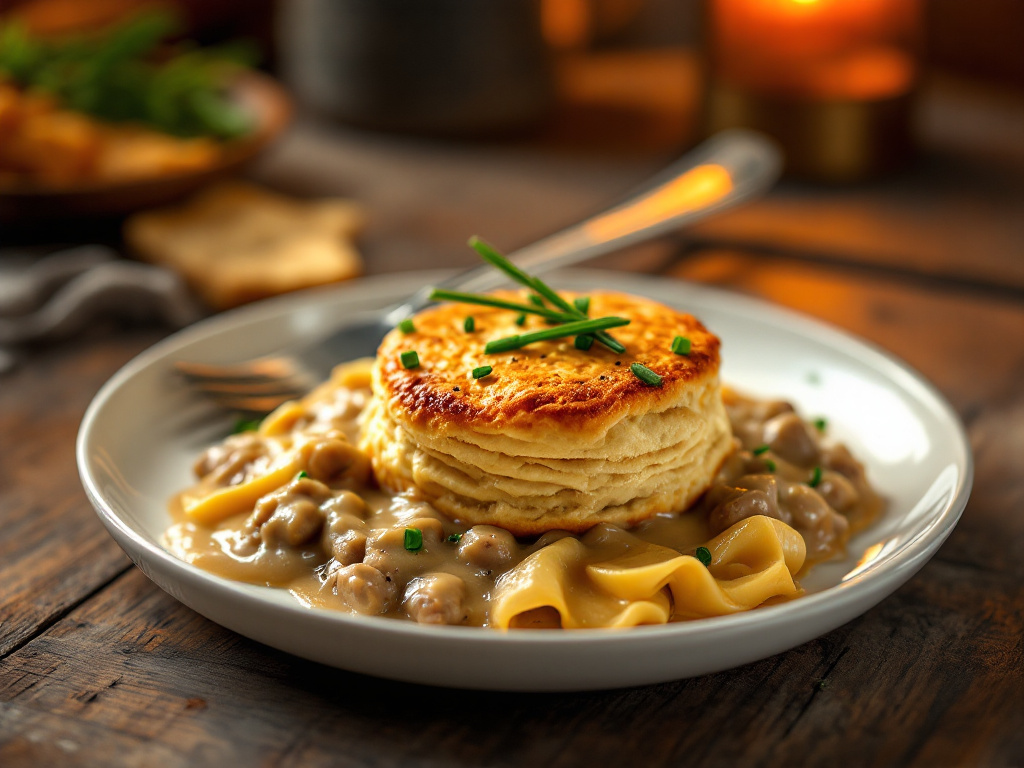 A modern take on classic biscuits and gravy for The Best American Food Recipes for 2025, featuring flaky, golden biscuits topped with a rich, creamy sausage gravy infused with herbs and spices, garnished with fresh chives and served on a sleek, white plate with a stylish fork, set on a rustic wooden table in a cozy atmosphere.