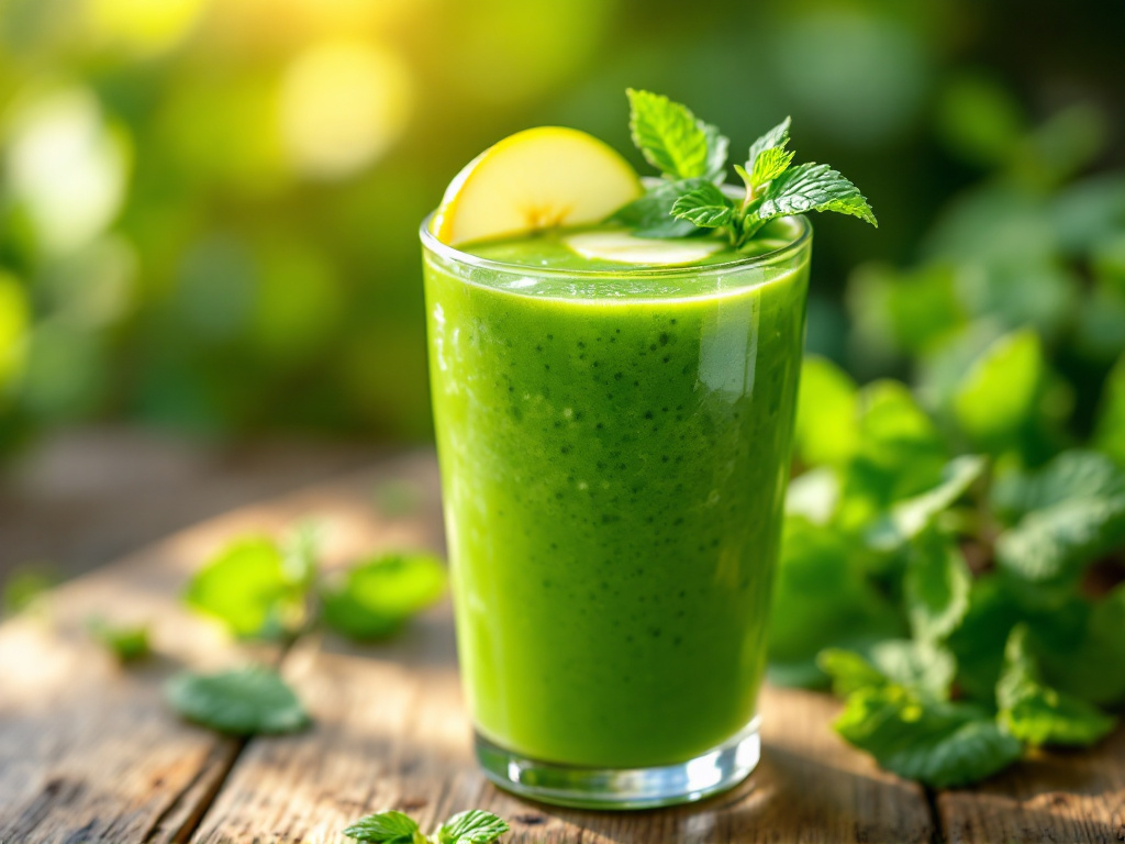 A vibrant green smoothie made with spinach and green apple, garnished with a slice of green apple and a sprig of fresh mint, perfect for a healthy and energizing start to the day.