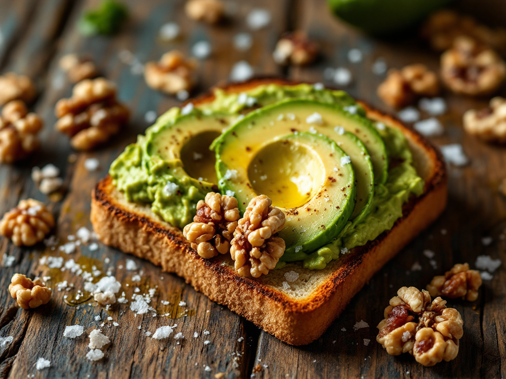 A realistic image of Walnut and Avocado Toast, part of the MIND Diet, designed to boost brain health and manage diabetes.