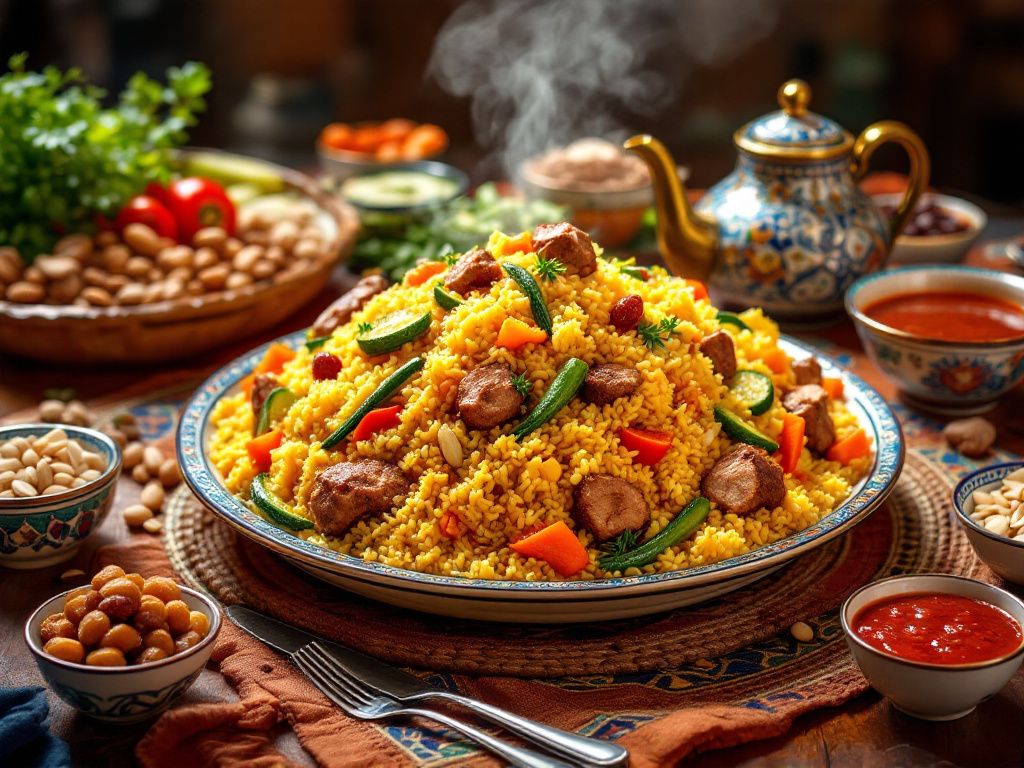  A vibrant image of traditional Moroccan couscous, showcasing the Flavors of Morocco with its colorful vegetables, tender meat, and intricate tableware, set against a backdrop of warm, inviting decor.