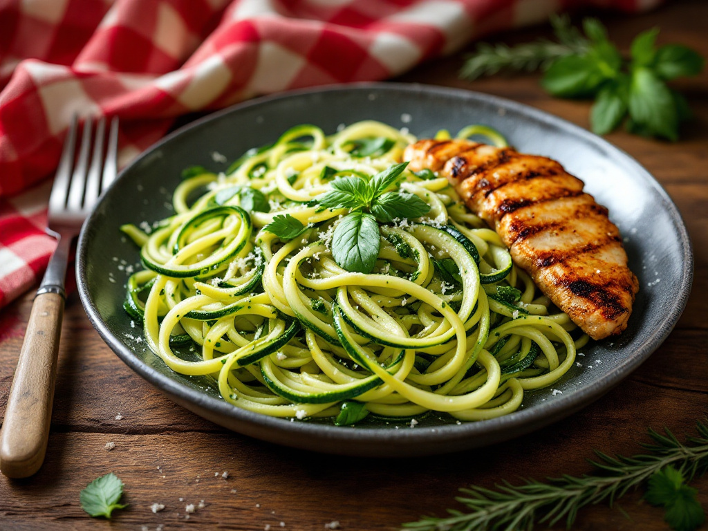 A plate of Zucchini Noodles with Pesto and Chicken, featuring spiralized zucchini noodles topped with creamy pesto sauce and tender chicken pieces, garnished with fresh herbs.