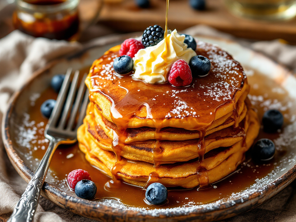 A stack of golden-brown sweet potato pancakes, drizzled with maple syrup and topped with a dollop of whipped cream, fresh berries, and a sprinkle of powdered sugar, presented on a rustic wooden plate with a fork and a small pitcher of additional syrup, set in a cozy kitchen for The Best American Food Recipes for 2025.