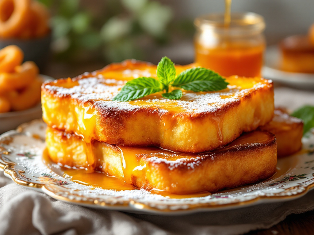 A plate of Torrijas, a Spanish French toast dessert, featuring golden-brown slices of bread coated in honey or sugar, with a dusting of cinnamon and a hint of lemon zest.