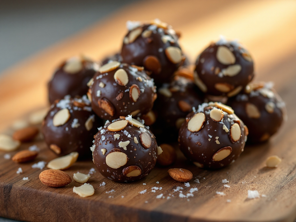  A realistic image of Dark Chocolate and Almond Energy Bites, part of the MIND Diet, designed to boost brain health and manage diabetes.