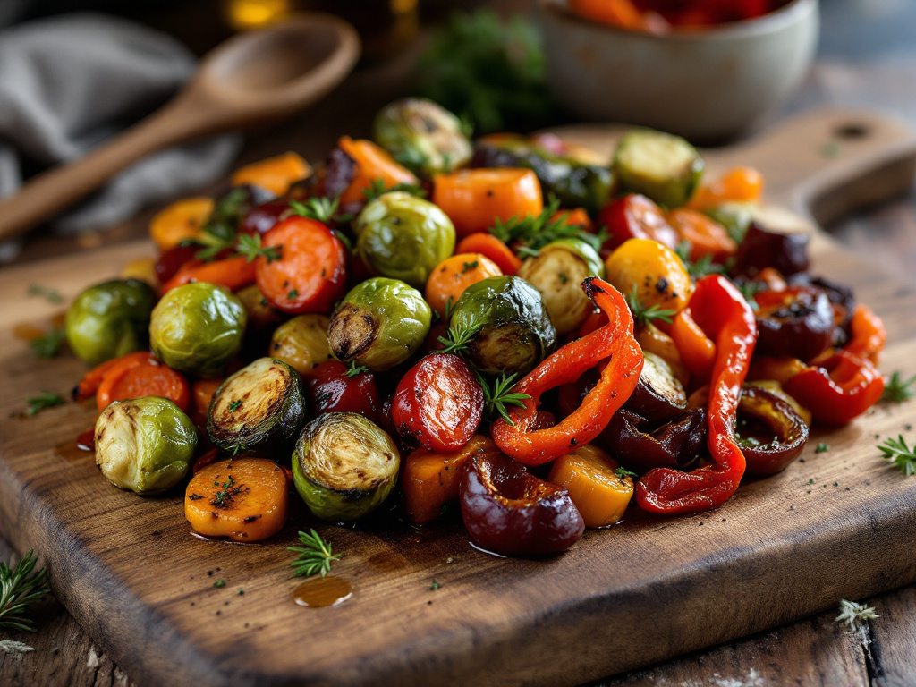 A colorful array of Paleo-Friendly Roasted Vegetables, including bell peppers, zucchini, and carrots, arranged on a rustic wooden board.