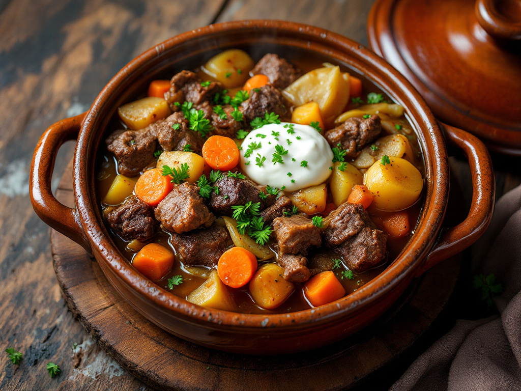 A bowl of Cocido Madrileño, a hearty stew with chickpeas, vegetables, and meats, served in a rustic earthenware bowl.