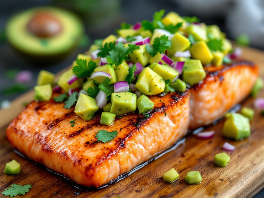 A beautifully plated Grilled Salmon with Avocado Salsa, one of the 8 Best Life-Changing Anti-Inflammatory Dishes, garnished with fresh herbs and a side of vibrant salsa.