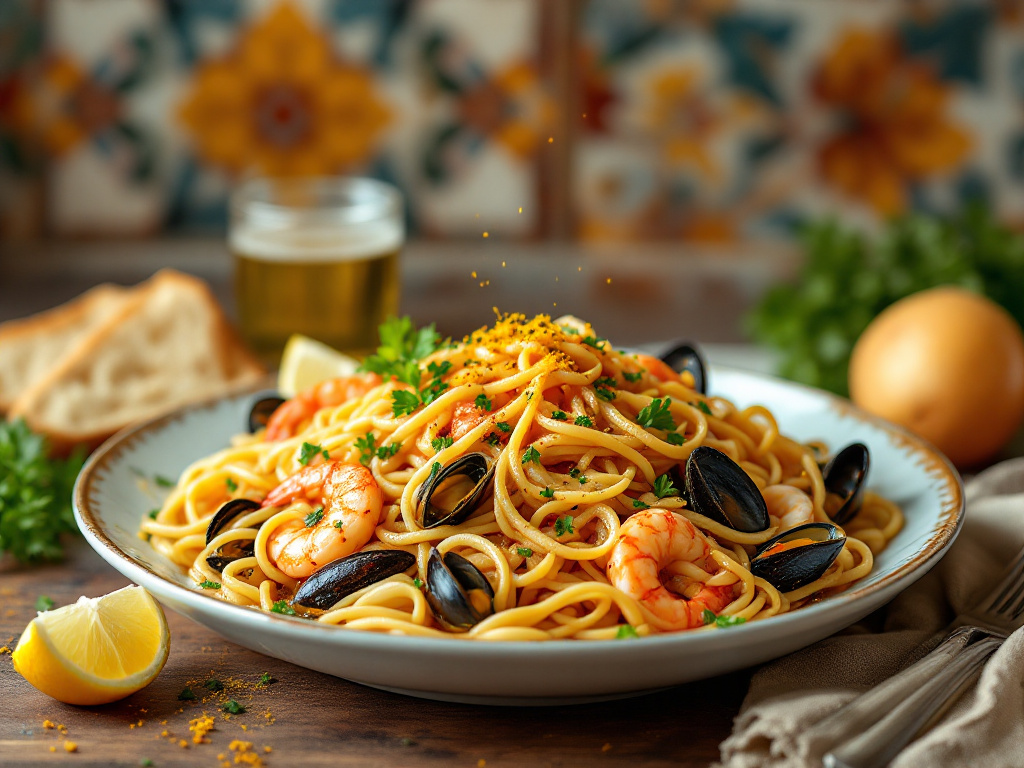 A pan of Fideuà, a Spanish seafood noodle dish, featuring short, thin noodles cooked with a variety of fresh seafood, including shrimp, squid, and mussels, seasoned with saffron, garlic, and tomatoes.