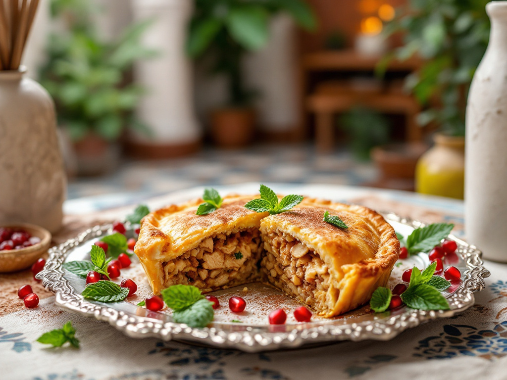 A beautifully presented Moroccan pastilla, showcasing the Flavors of Morocco with its crispy golden pastry, rich filling, and intricate silver platter, set against a backdrop of traditional Moroccan tiles and a lush riad courtyard.