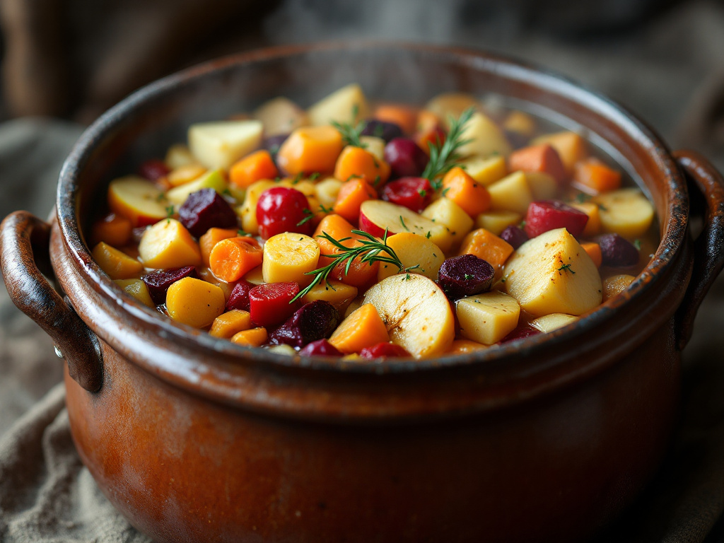  A hearty bowl of apple and root vegetable stew featuring chunks of apples, potatoes, carrots, and parsnips in a savory broth.