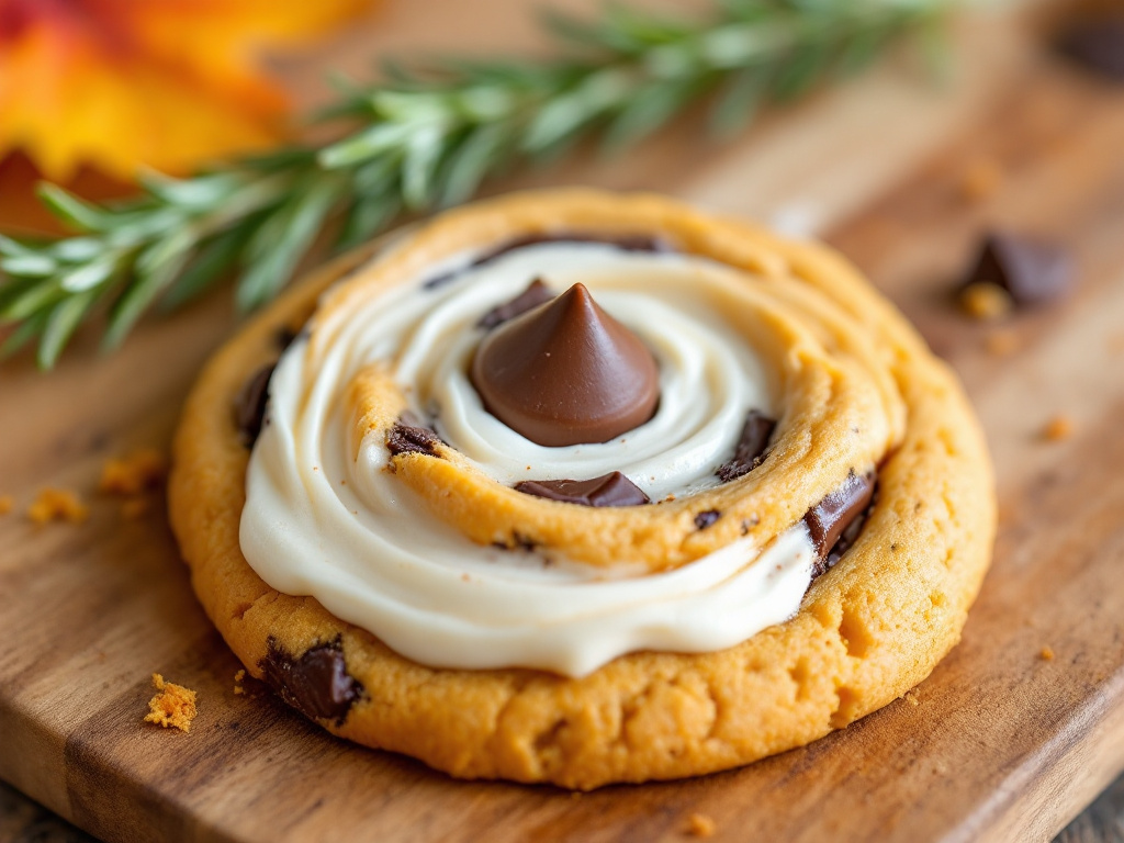 A close-up image of Pumpkin Chocolate Chunk Cookies, a warm and comforting option among Dulces amigables con la diabetes, featuring a golden-brown hue, visible chocolate chunks, and a soft, chewy texture.