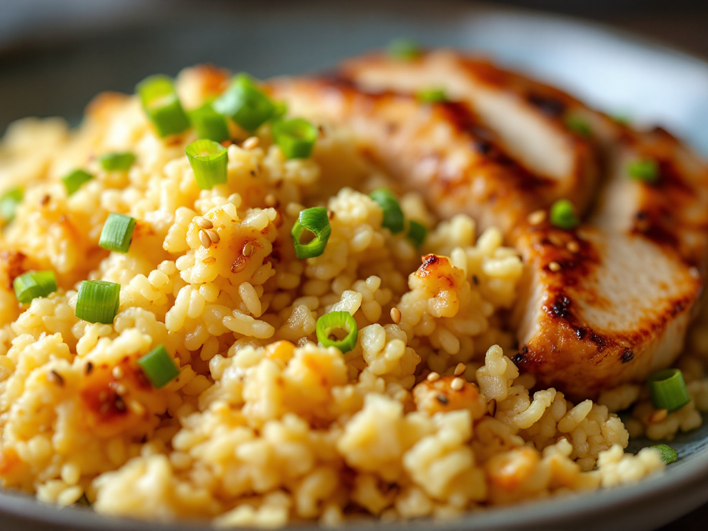 A bowl of Keto Cauliflower Fried Rice, featuring finely chopped cauliflower mixed with colorful vegetables and savory seasonings, garnished with green onions.