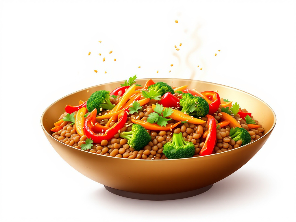 A colorful and appetizing lentil and vegetable stir-fry, showcasing a delicious and healthy recipe.