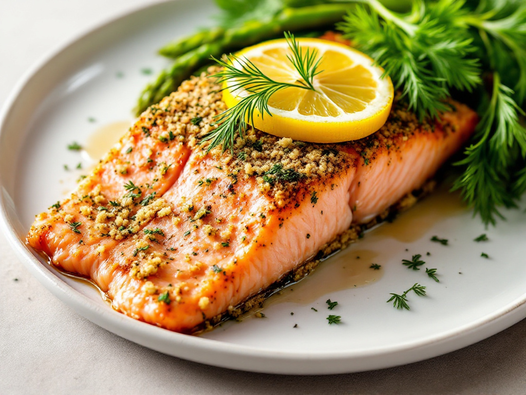 A beautifully presented herb-crusted baked salmon fillet on a white plate, garnished with fresh lemon slices and sprigs of dill. The salmon has a golden-brown crust made from a mixture of herbs and breadcrumbs, with the flaky pink flesh visible underneath. The dish is accompanied by a side of roasted vegetables and a lemon wedge, set against a simple and clean background.